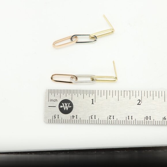 3 Color Gold Paperclip Earrings 5mm   1.5' Inch long Dangle Earrings Real 14k Go - Picture 6 of 9